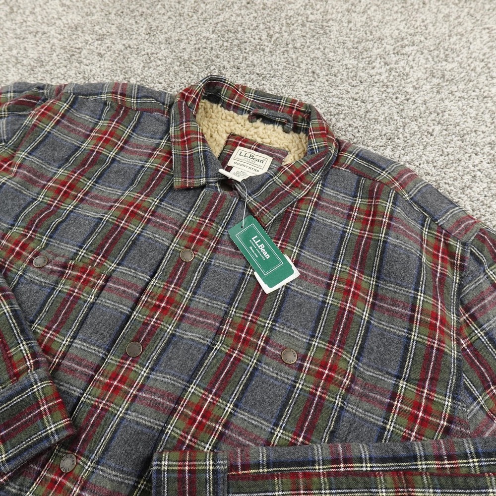 NEW LL Bean Jacket Mens XL Gray Scotch Plaid Sherpa Lined Flannel Shirt Shacket